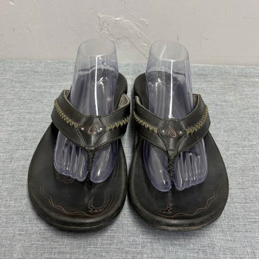OluKai Mea Ola Sandals Mens 11 Dark Wood Leather Flip Flop 10138-4040 Stitch